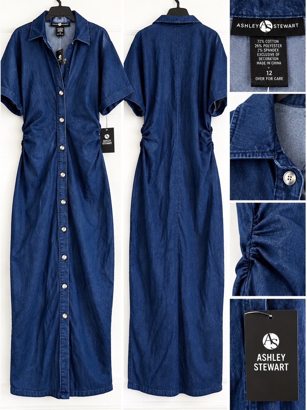 Ashley Stewart Indigo Denim Button-Front Maxi Dress 12 NWT
